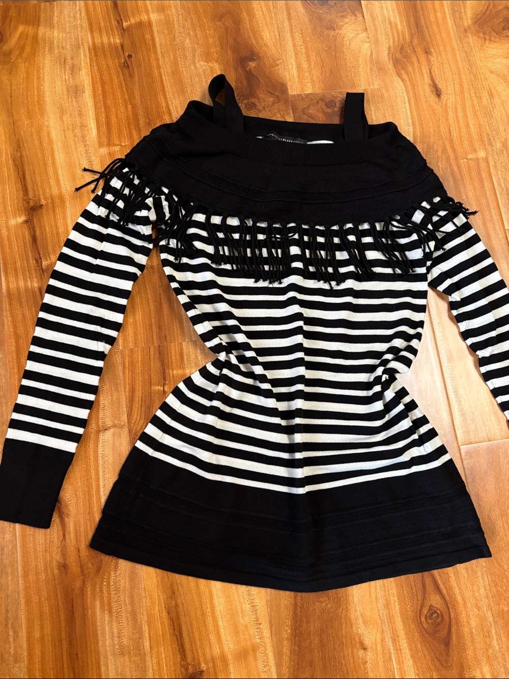 White House Black Market Black & White Striped Off-Shoulder Fringe Sweater